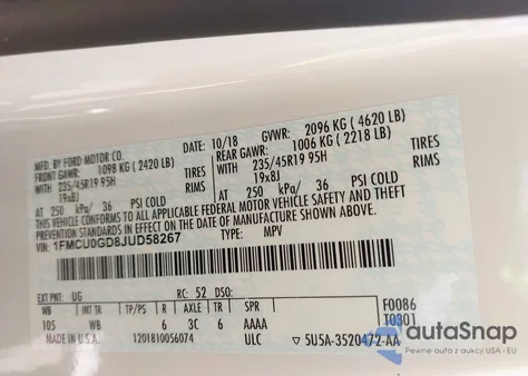 2018 Ford Escape Se from USA, damaged, VIN 1FMCU0GD8JUD58267